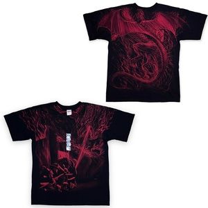 DEADSTOCK Art AOP Firefighter Dragon Fire ALL OVER PRINT T Shirt Men Large VTG